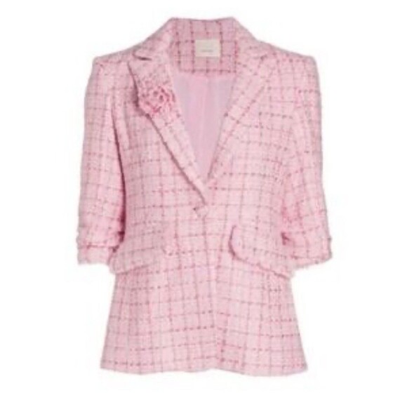 Cinq a Sept Pricilla Size 8 Pink Tweed Blazer Jacket Half-Length Rolled Sleeves - Picture 4 of 13